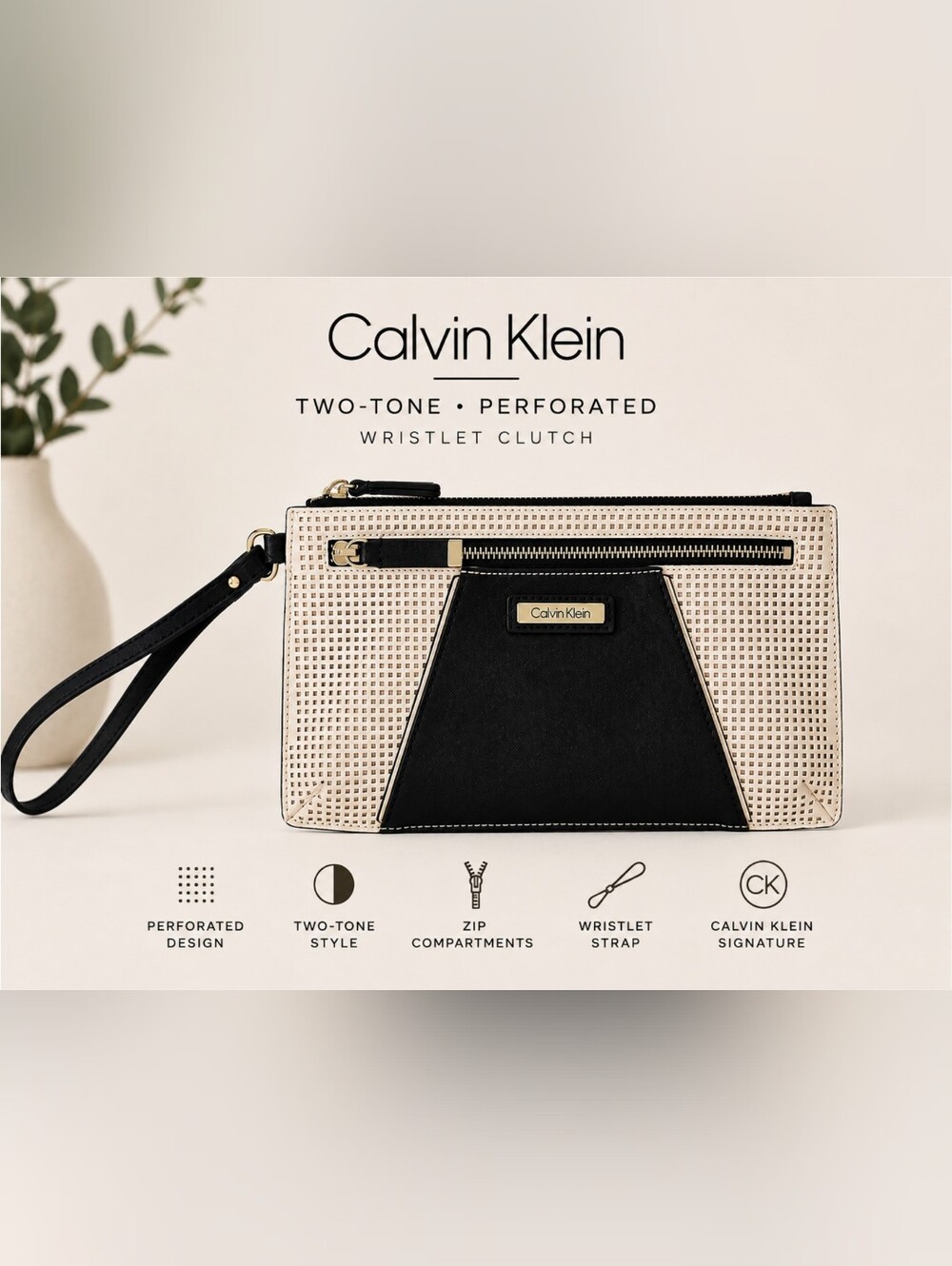 Calvin Klein Cream And Black Wristlet with Front Zippered Pocket
